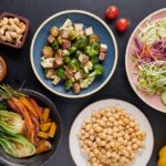 Vegan protein source. Buddha bowl dish, avocado, pepper, tomato,