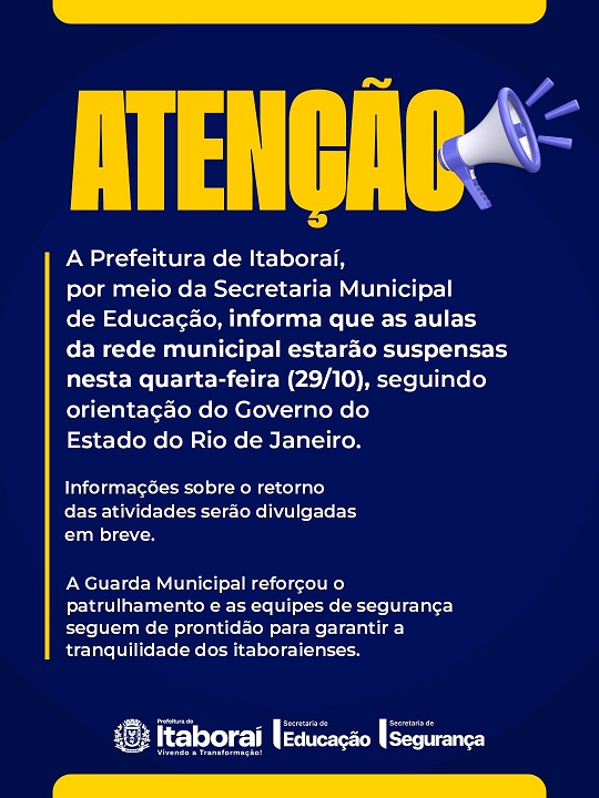 Nota oficial aulas suspensas na rede municipal de ensino nesta quarta-feira (2910)