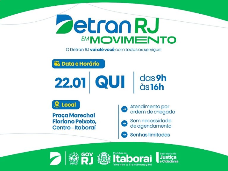 Detran em Movimento estará em Itaboraí, nesta quinta-feira (2201), com todos os serviços do Detran RJ