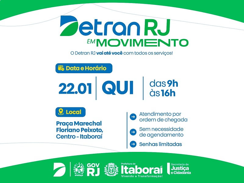 Detran em Movimento estará em Itaboraí, nesta quinta-feira (2201), com todos os serviços do Detran RJ
