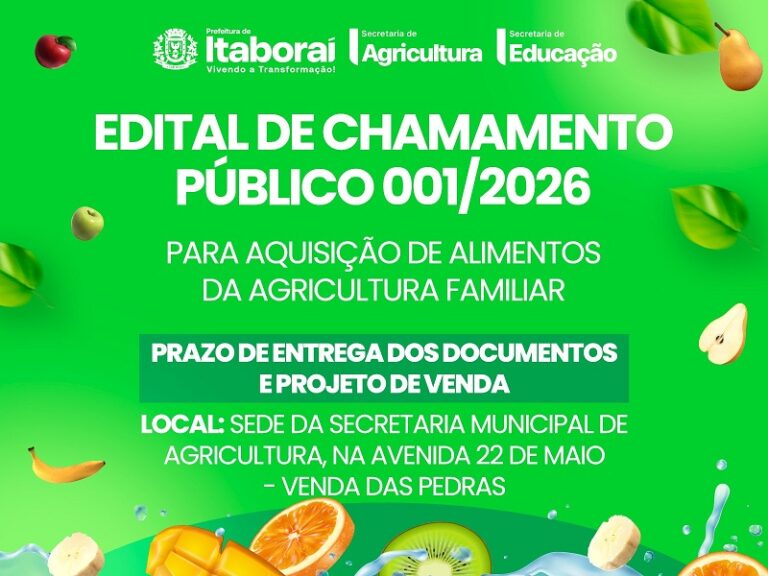 Prefeitura de Itaboraí lança Chamamento Público 0012026 para compra de alimentos da agricultura familiar