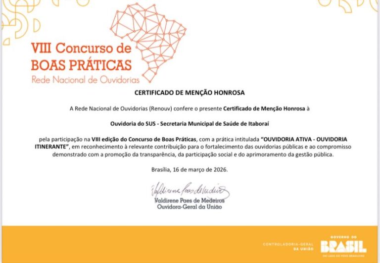 Ouvidoria da Saúde de Itaboraí recebe menção honrosa em concurso nacional da CGU